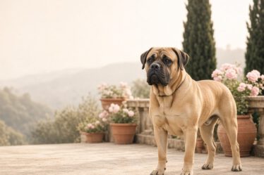 Stattlicher fahlfarbener Mastiff steht auf einer italienischen Terrasse mit Zypressen
