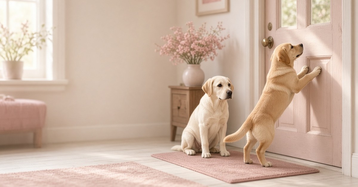 Labrador springt an der Haustür hoch, ein zweiter Hund wartet ruhig auf der Matte