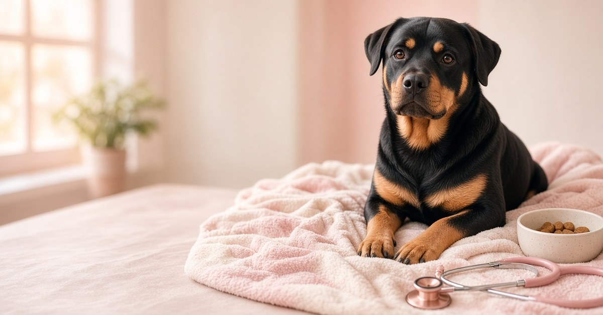 Rottweiler liegt auf einer rosa Decke neben Stethoskop und Leckerli-Napf