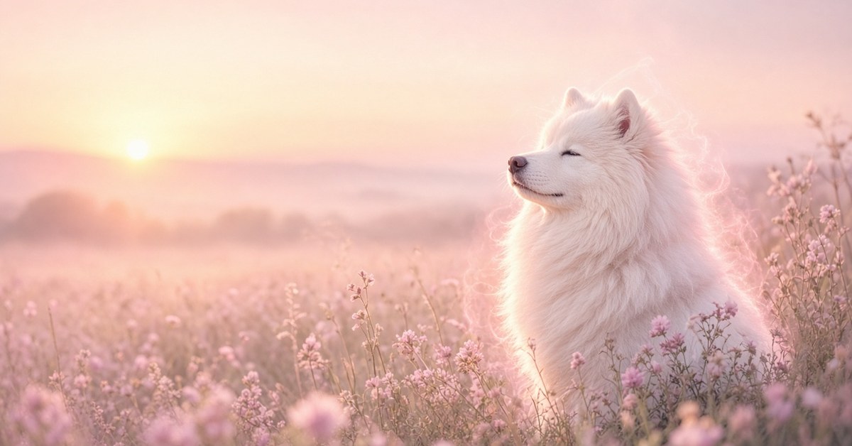 Weißer Spitz sitzt im Morgenlicht in einer Blumenwiese mit geschlossenen Augen