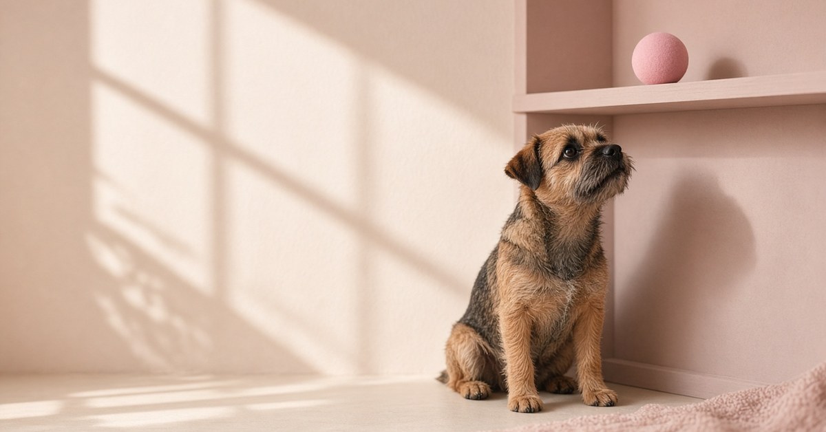 Border Terrier schaut fragend zu einem rosa Ball auf dem Regal