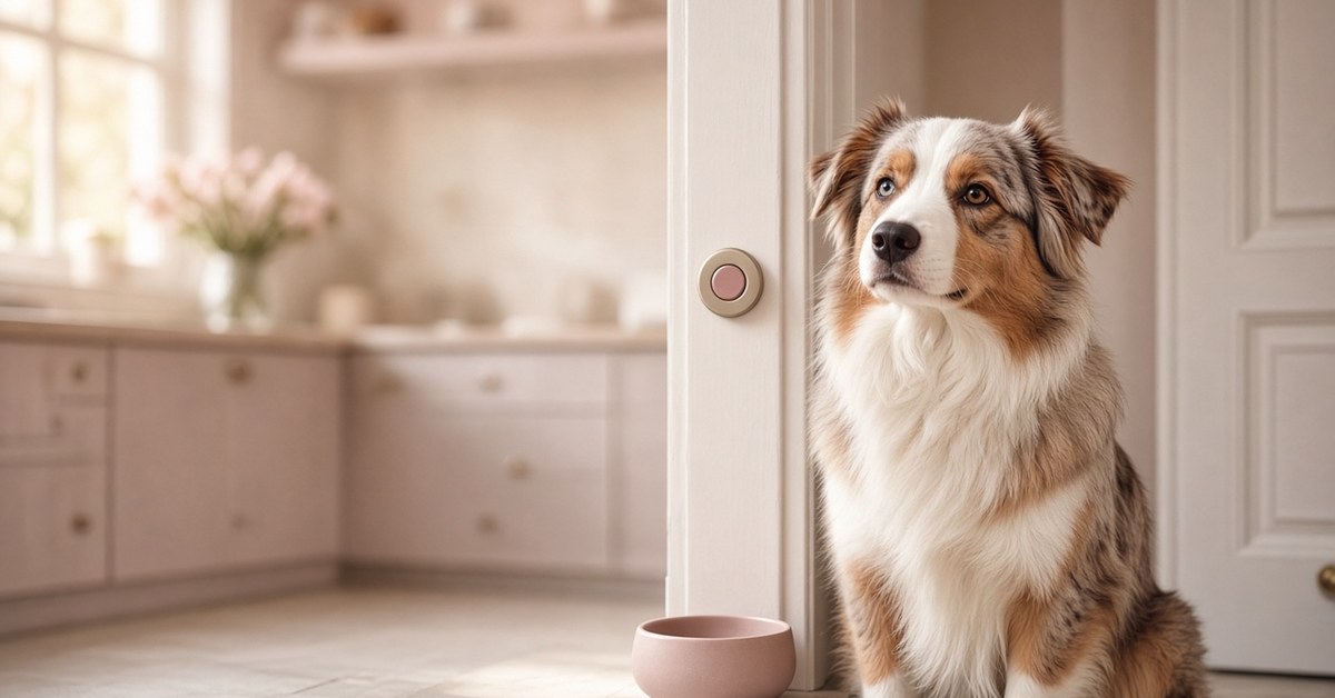 Selbstbewusster Australian Shepherd sitzt in der Küchentür neben einem Napf