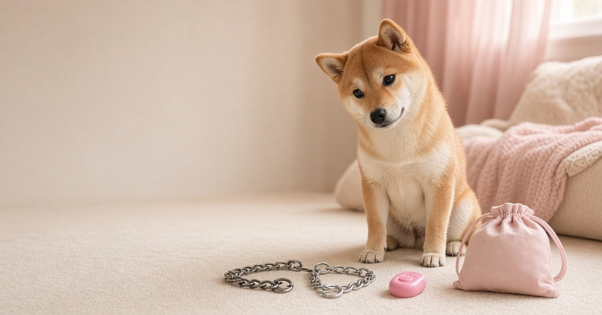 Shiba Inu legt den Kopf schief neben Kettenhalsband, Klicker und Leckerli-Beutel