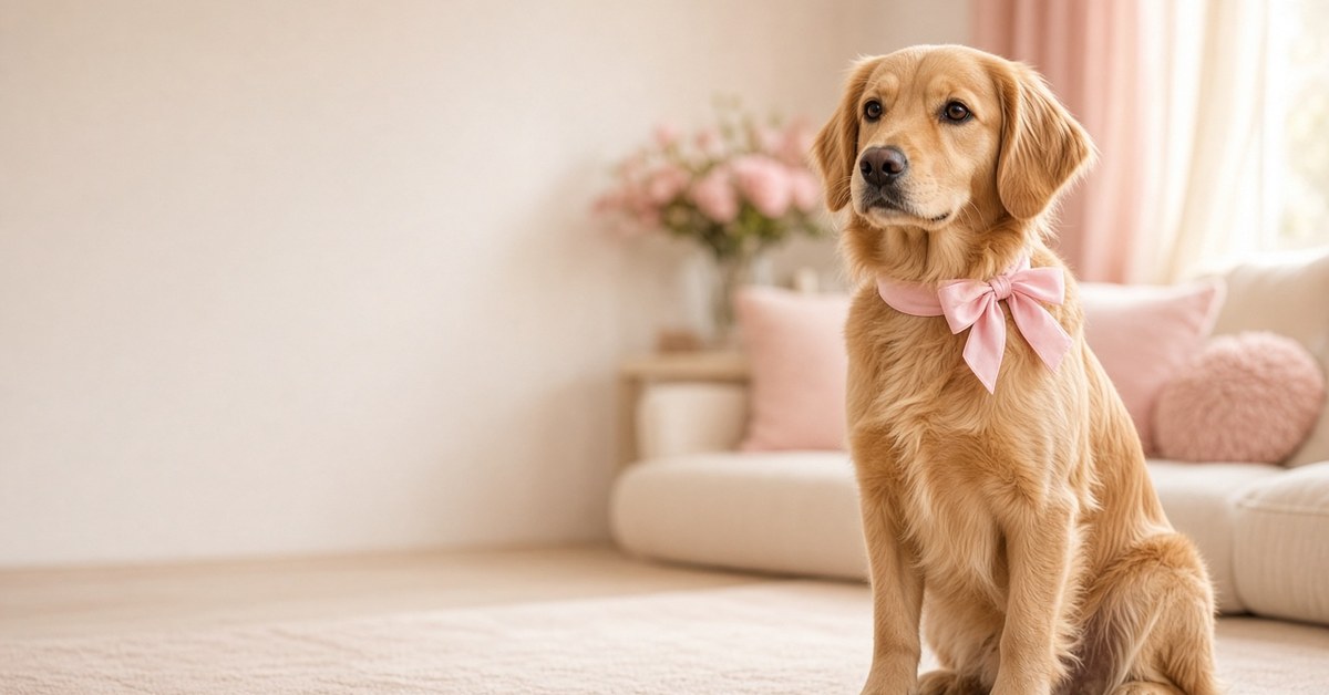 Das ist mein Mädchen! 2 Golden Retriever mit rosa Schleife sitzt elegant im hellen Wohnzimmer