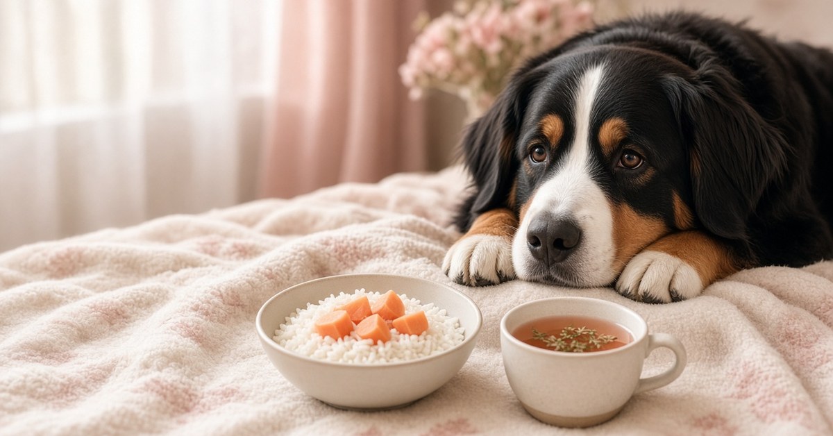 Trauriger Berner Sennenhund liegt auf einer Decke neben Schonkost aus Reis und Möhren