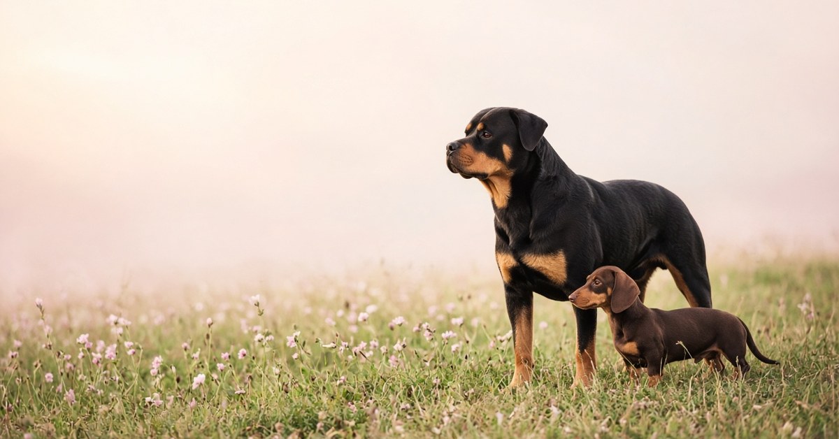 Rottweiler und Dackel stehen ruhig auf einer Wiese und zeigen Beschwichtigungssignale