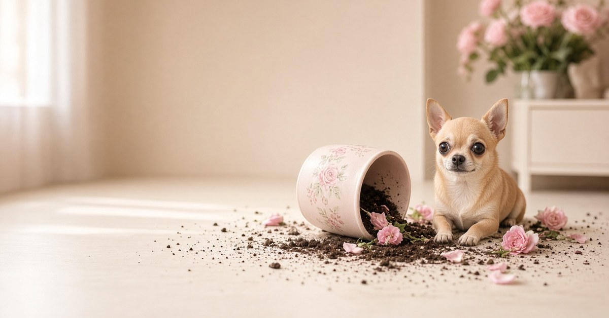 Chihuahua mit unschuldigem Blick neben einem umgekippten Blumentopf
