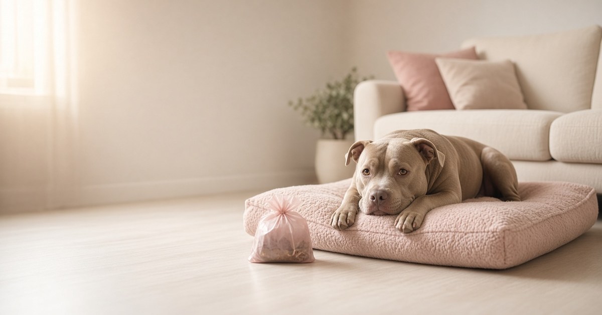 Muskulöser Hund liegt ruhig auf seinem rosa Kissen im Wohnzimmer