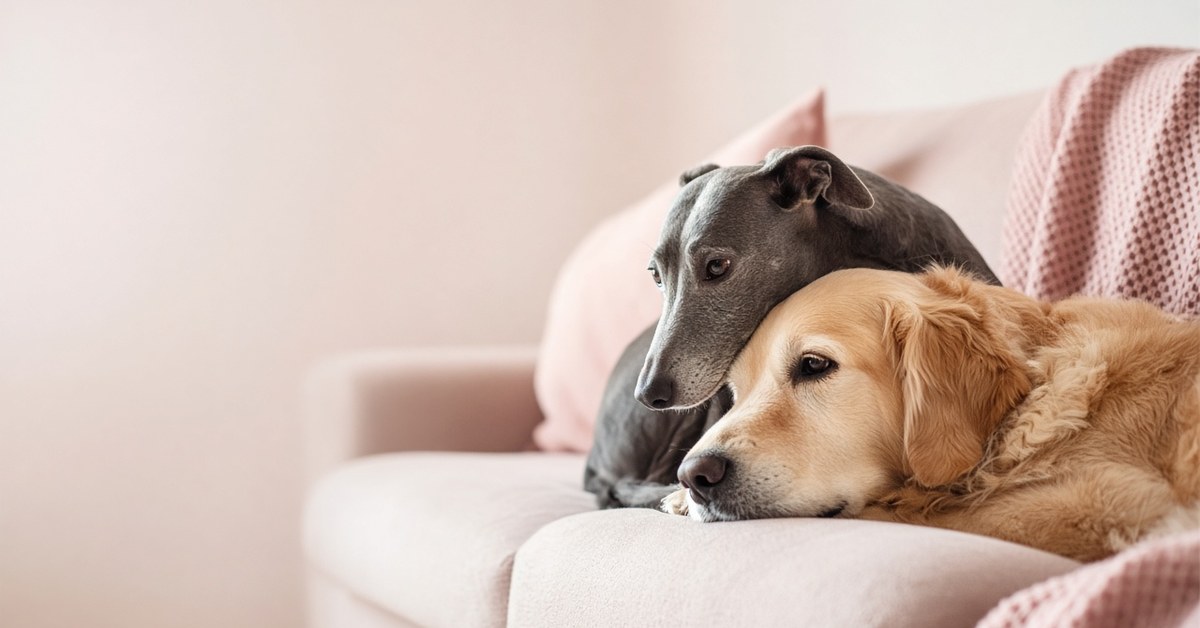 Ängstlicher Windhund kuschelt sich auf dem Sofa an einen ruhigen Golden Retriever