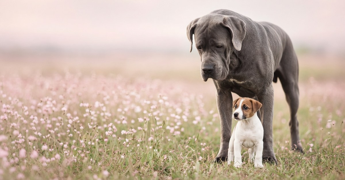 Video: Ein Cane Corso als Zweithund 1 Großer grauer Mastiff steht sanft neben einem kleinen Terrier-Welpen auf einer Blumenwiese