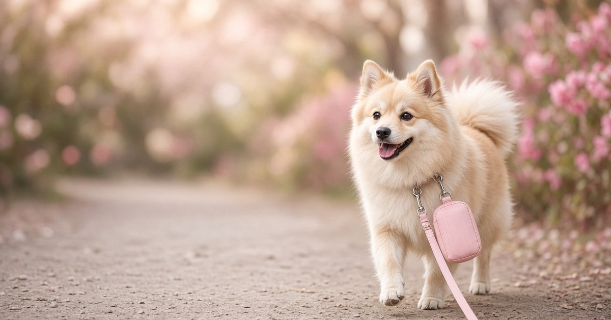 Fröhlicher Spitz läuft mit rosa Kotbeutelspender an der Leine einen Parkweg entlang