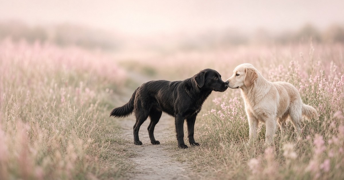 Ein schwarzer und ein heller Hund begegnen sich ruhig auf einem Wiesenweg