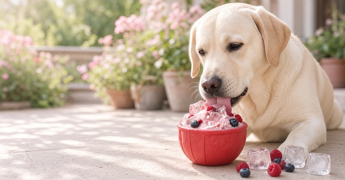 Labrador leckt an einem gefrorenen Kauspielzeug mit Joghurt und Beeren im Sommergarten