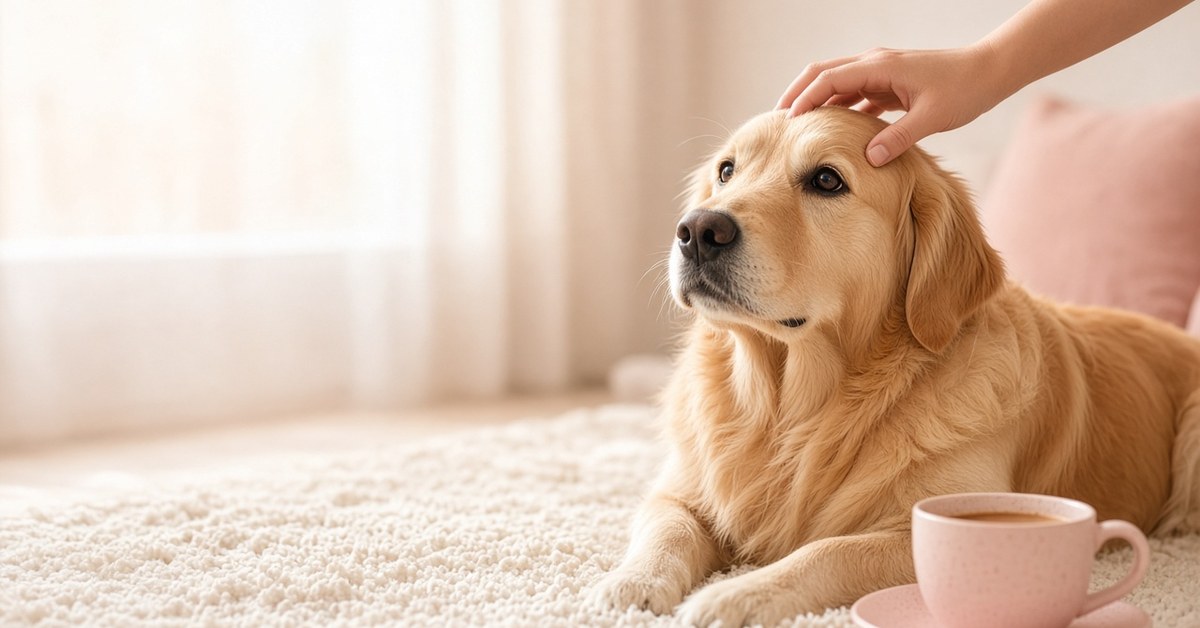 Golden Retriever liegt auf einem Teppich und wird sanft am Kopf gestreichelt, daneben eine rosa Tasse