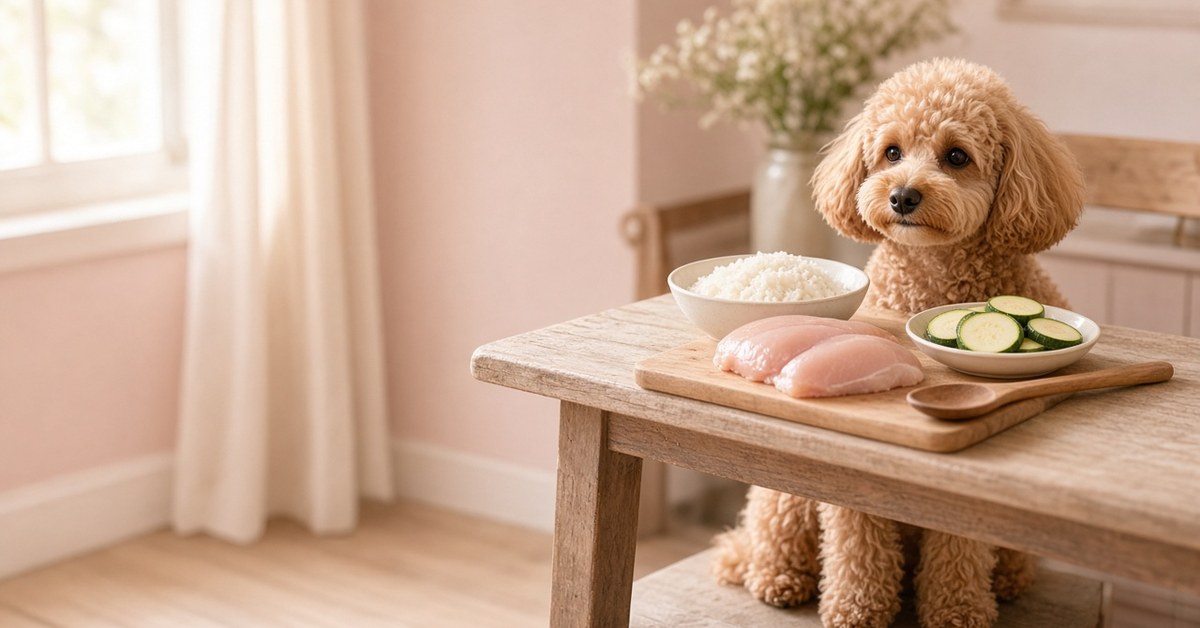 Pudel sitzt neben einem Tisch mit Hähnchen, Reis und Zucchini zum Selberkochen