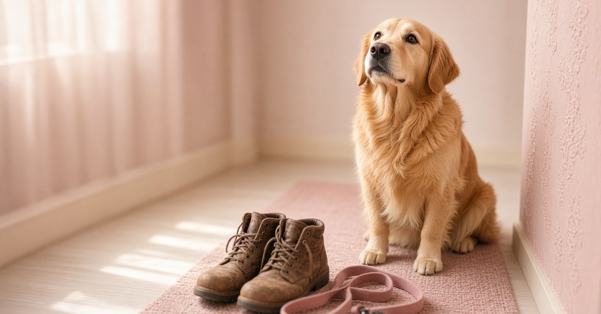 Golden Retriever sitzt im Flur und schaut treu nach oben, daneben Wanderschuhe und Leine