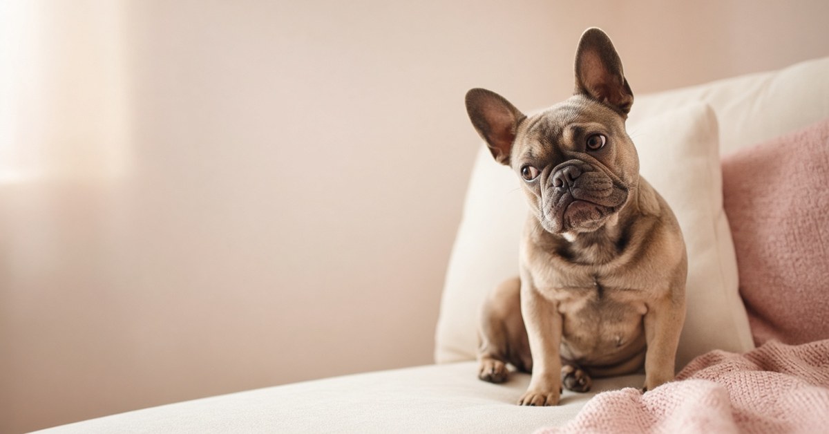 Französische Bulldogge mit schiefem Kopf und frechem Blick auf dem Sofa
