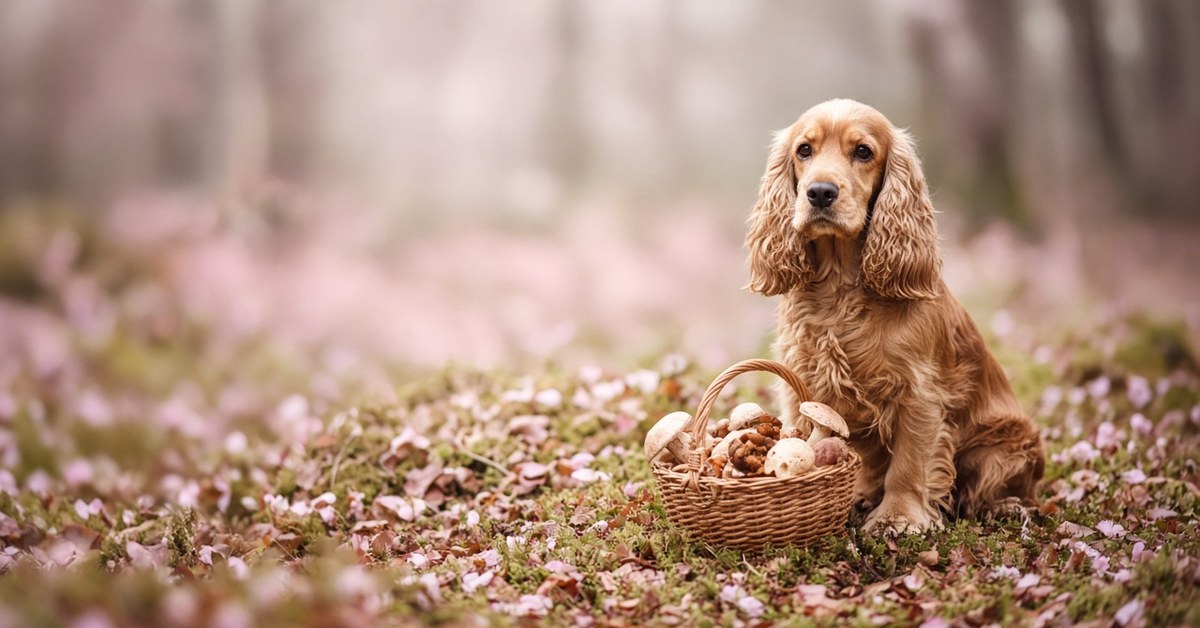Cocker Spaniel sitzt neben einem Korb mit Waldpilzen
