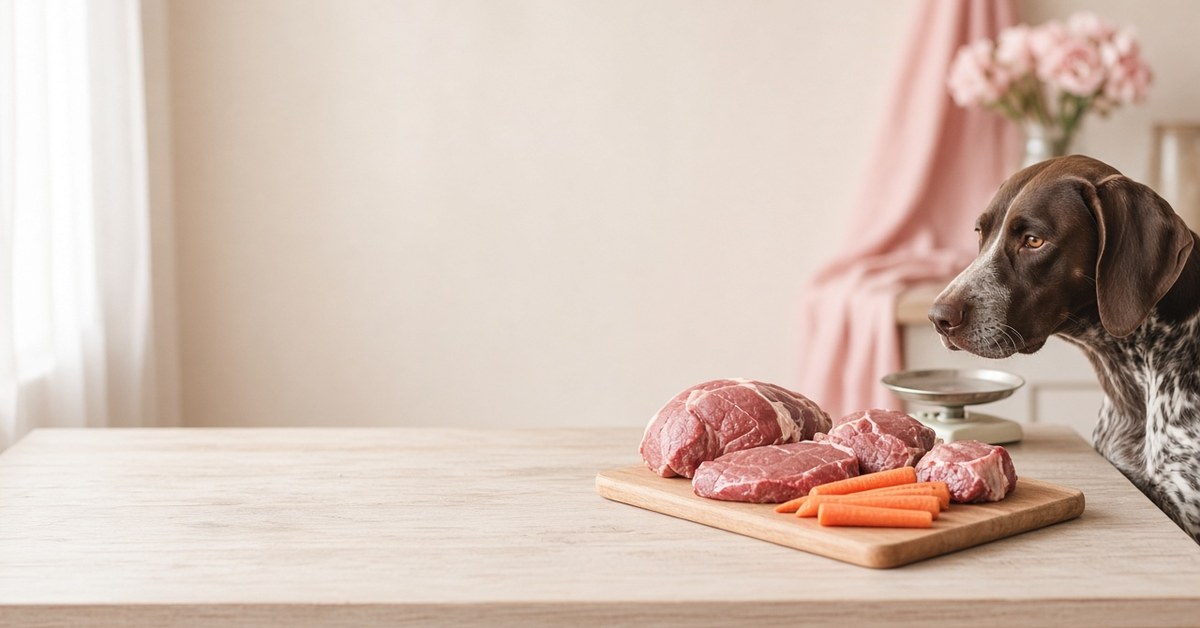 Kurzhaar-Vorstehhund schaut auf ein Brett mit Fleisch, Karotten und einer Waage
