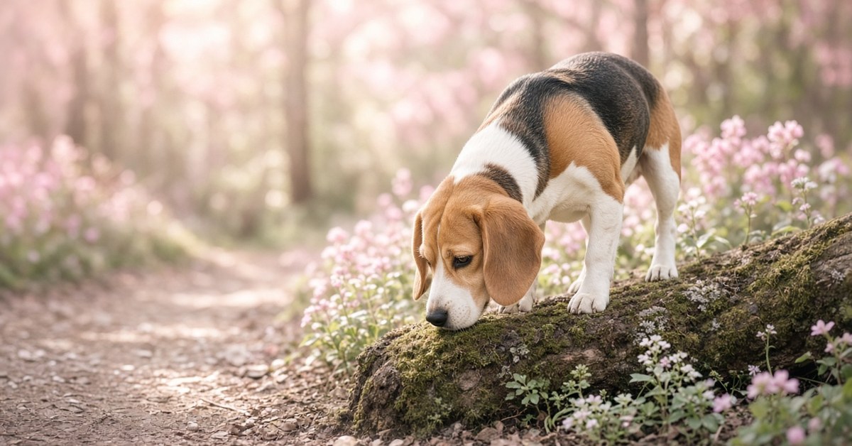 Beagle schnuppert an einem bemoosten Baumstamm auf einem Waldweg