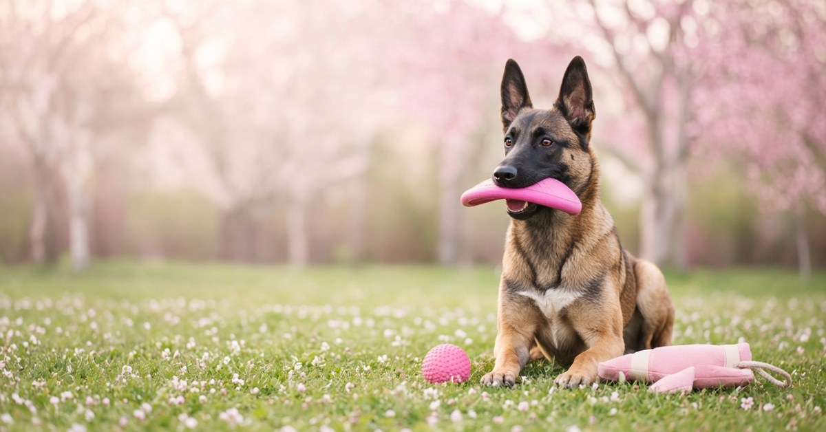 Belgischer Schäferhund mit Frisbee, Ball und Dummy auf einer Frühlingswiese
