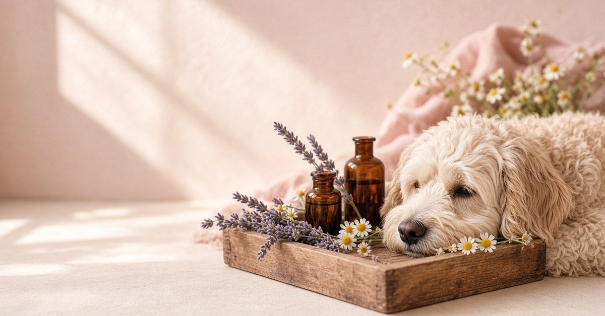 Labradoodle ruht neben einem Holztablett mit Fläschchen, Lavendel und Kamille