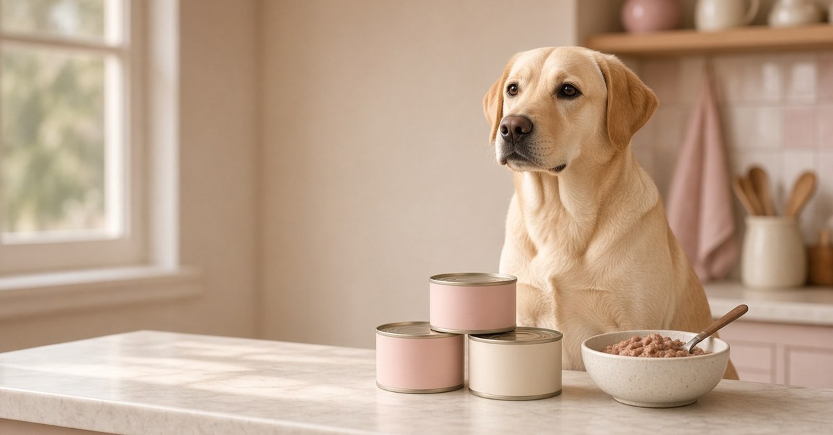 Labrador sitzt neben drei Dosen Nassfutter und einem Napf