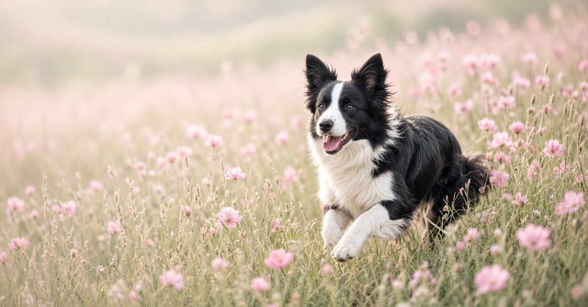 Border Collie läuft frei durch eine Sommerwiese mit rosa Blumen