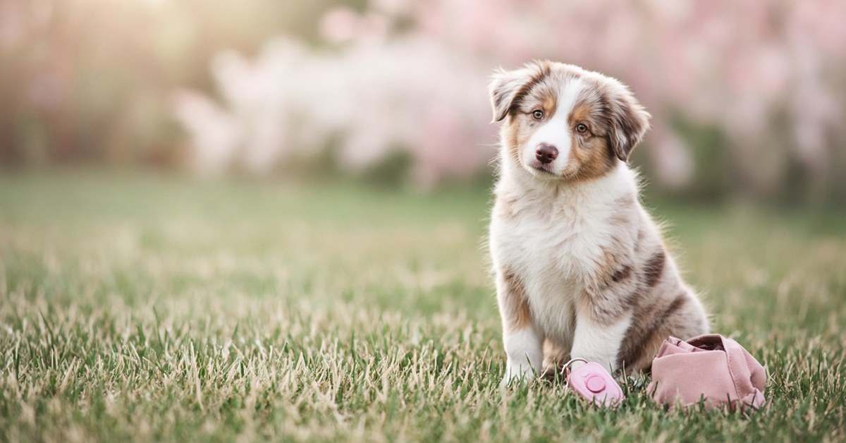 Junger Australian Shepherd sitzt aufmerksam mit schiefem Kopf neben Clicker und Leckerlibeutel