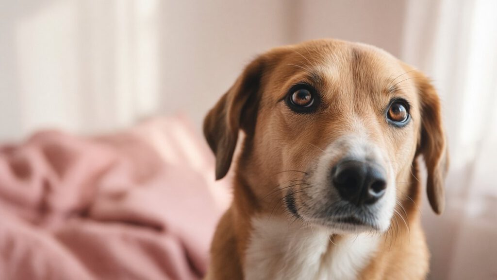 Hund schaut aufmerksam nach oben und sucht Blickkontakt