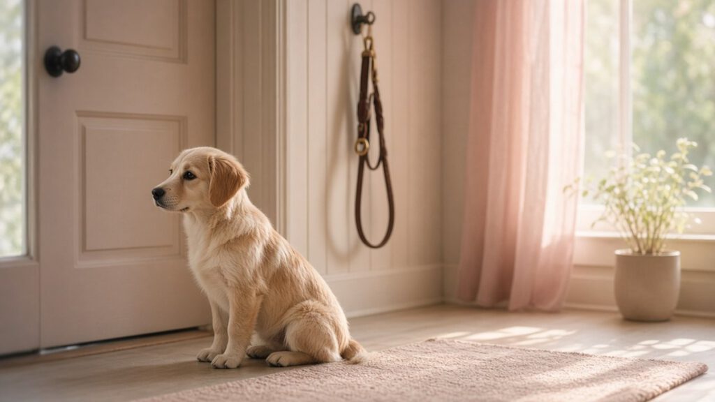 Hund wartet entspannt an der Haustür vor dem Spaziergang
