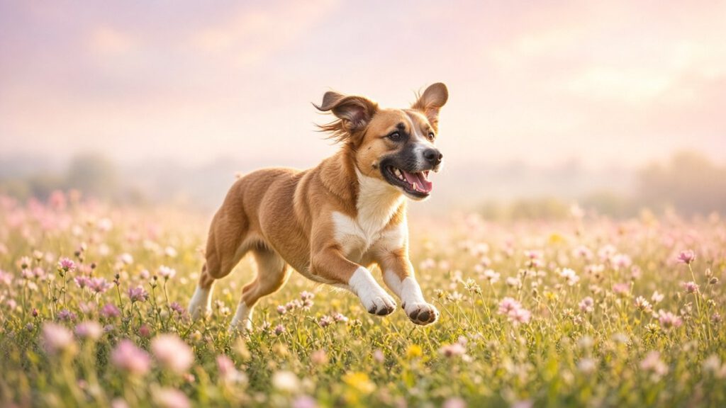 Hund rennt sportlich über eine Wiese