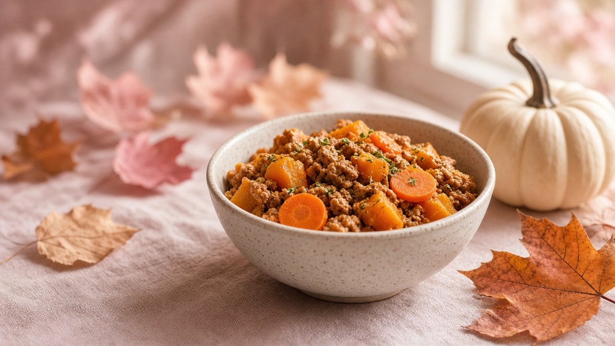 Herbstliches Hundegericht mit Kürbis und Gemüse in einem Napf
