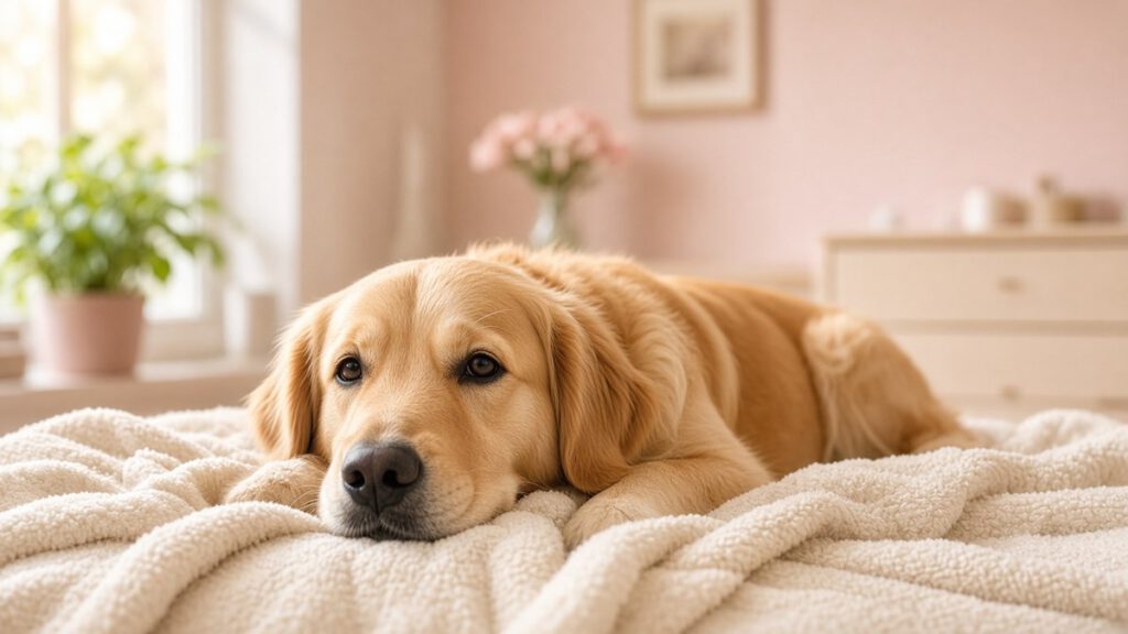 Hund liegt ruhig in einer Tierarztpraxis